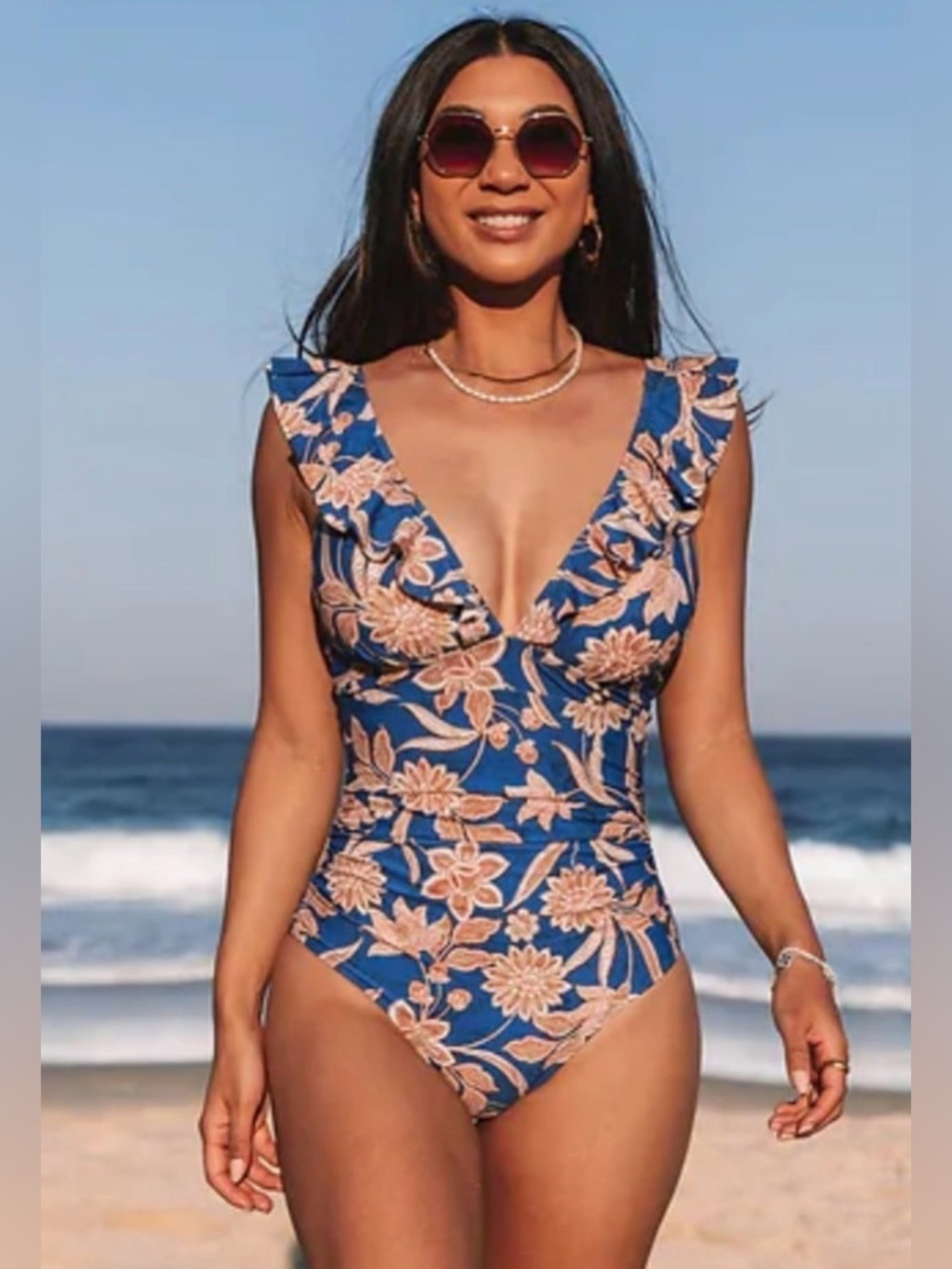 Cupshe Floral One Piece Swimsuit XL Blue Ruffle V Neck‎ Tie Back NWT